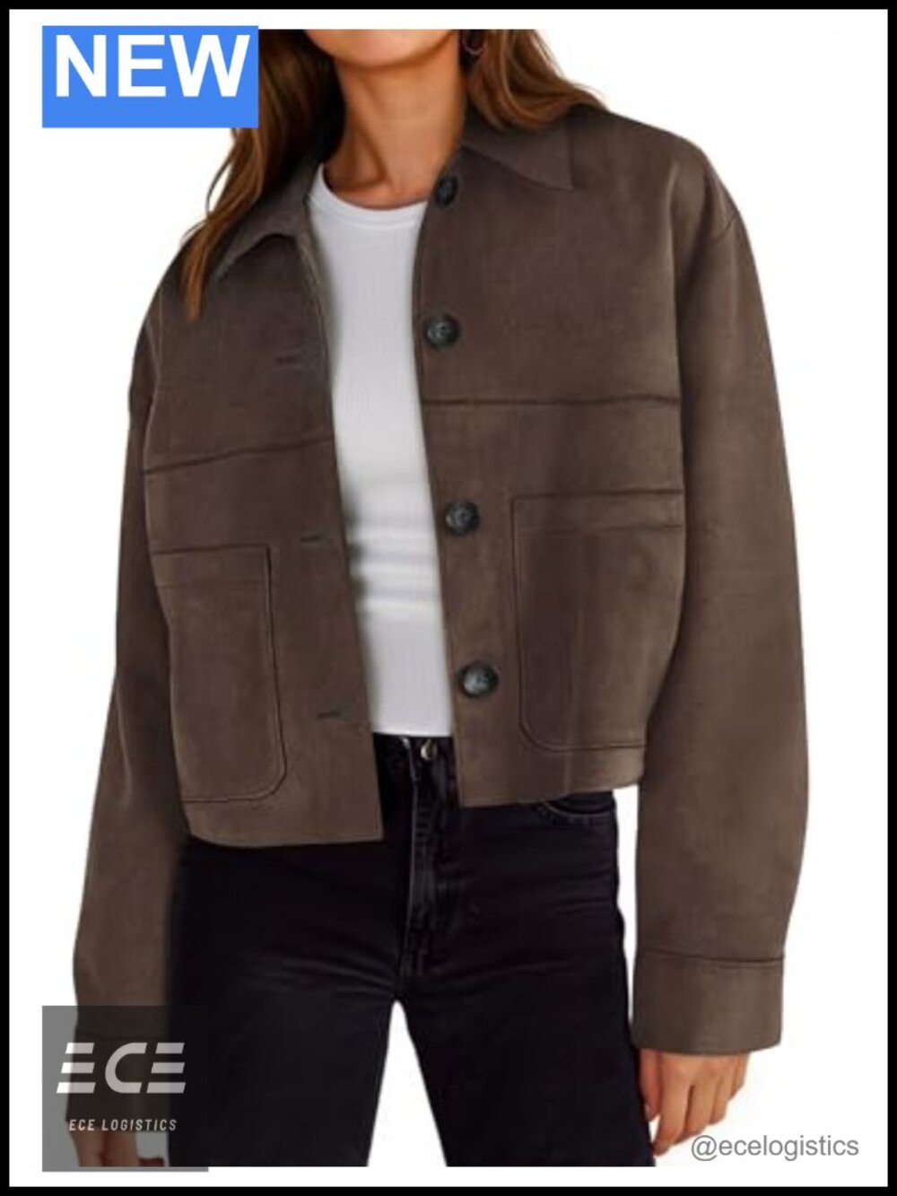 Womens Cropped Faux Suede Leather Jacket Lapel Collar Shacket